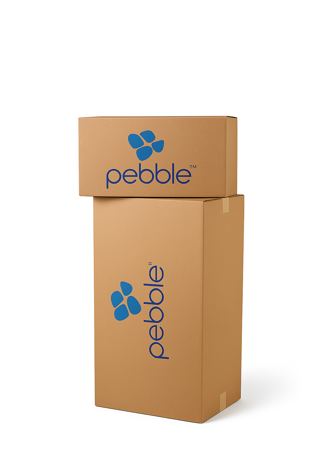 Pebble Luxe mattress packaging with family-owned brand messaging and free shipping labels
