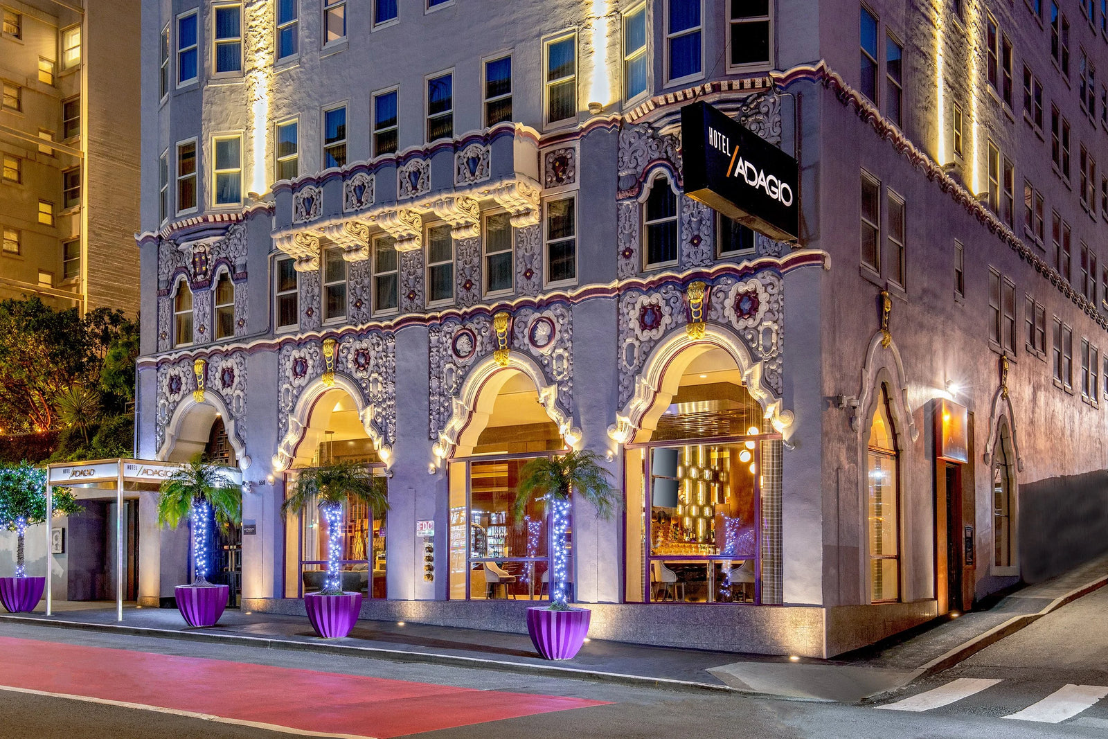 Hotel Adagio facade at dusk in San Francisco
