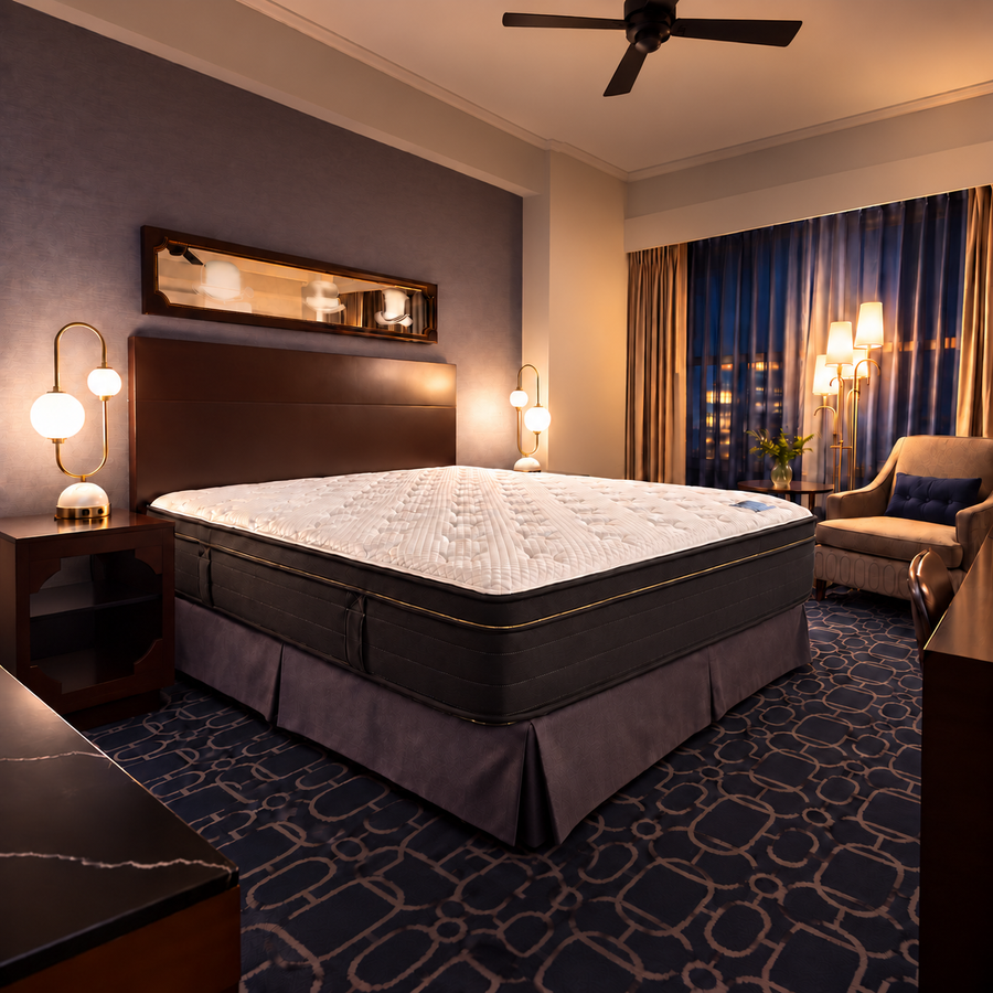 Hotel Adagio guestroom with a Pebble mattress installed on the bed.
